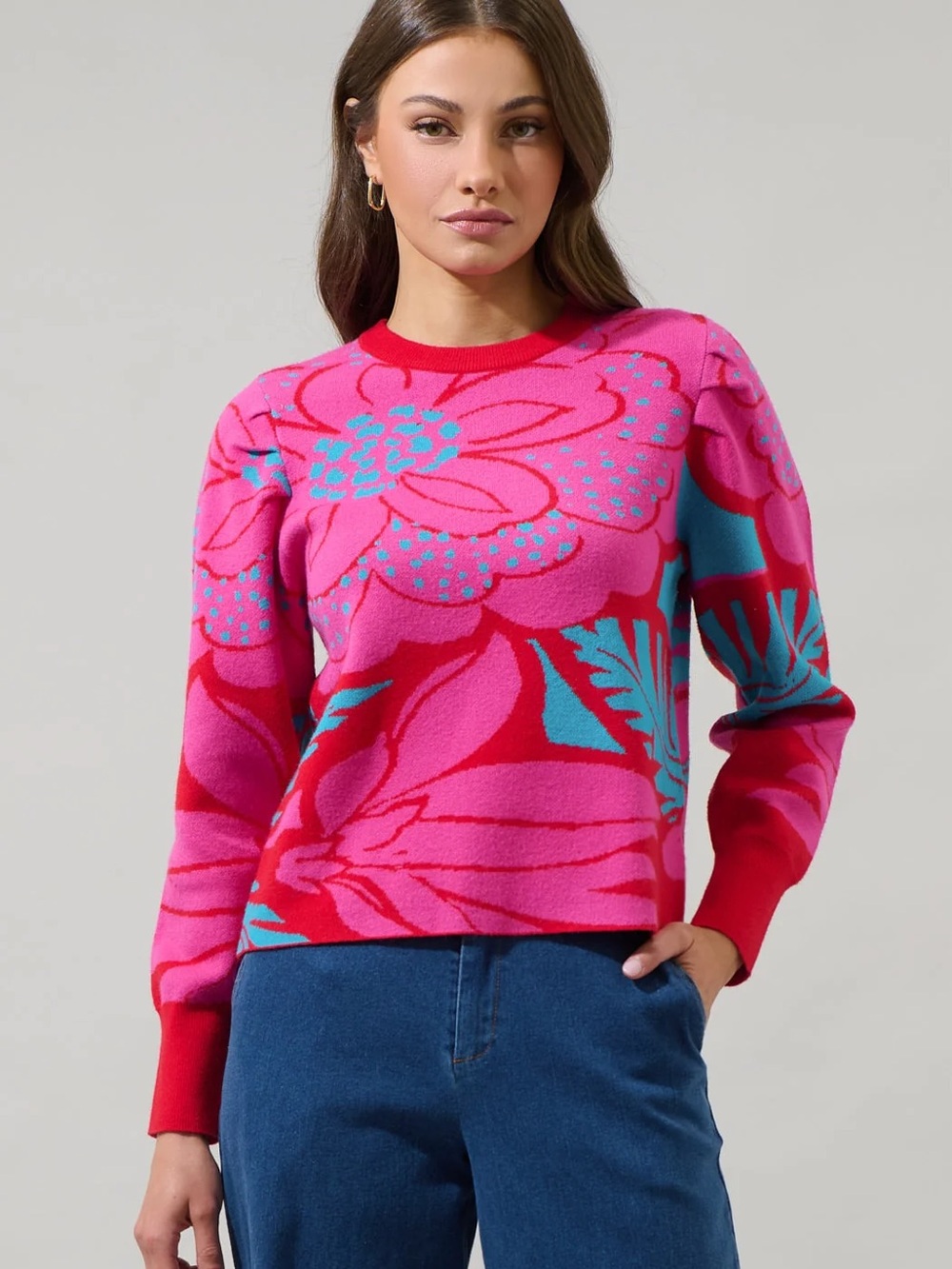 Sugarlips Vibrant Pink Floral Crew Sweater with Teal Accents